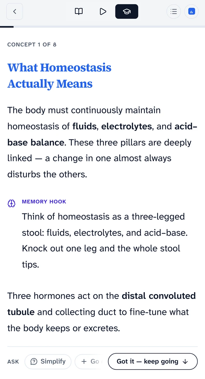 Learn mode on a phone, showing the concept What Homeostasis Actually Means with a memory hook and a progress bar